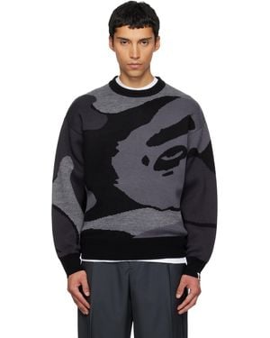 A Bathing Ape Pull Noir Et Gris À Motif Camouflage Abc En Tricot À Col Ras Du Cou