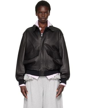 HOMMEGIRLS Zip Leather Bomber Jacket - Black