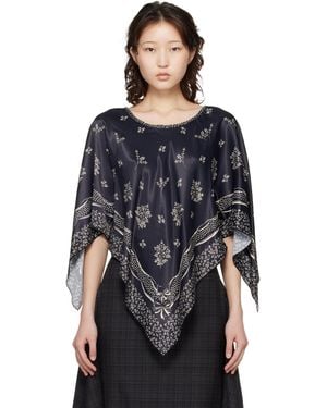 Anna Sui Ribbon Handkerchief Satin Print Poncho Blouse - Black