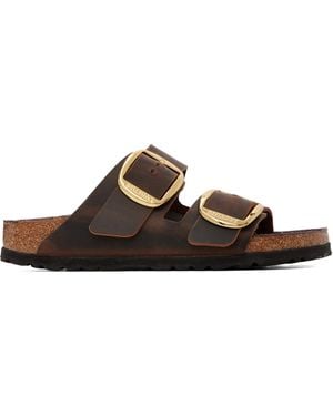Birkenstock Sandales Étroites Arizona Brunes En Cuir Nourri À Grosses Boucles - Marron