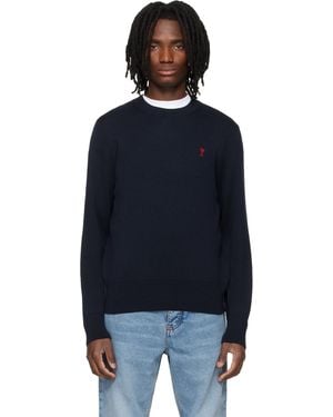 Ami Paris Wool Contrasted Ami De Coeur Crewneck Jumper - Black