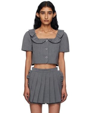 Pushbutton Frilled Neck Cropped Top - Black