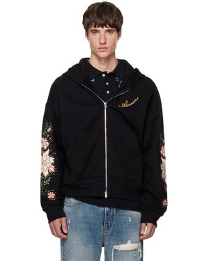 Amiri Pull À Capuche Noir À Glissière Et À Appliqués Floraux Aux Manches