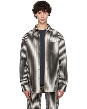 Bottega Veneta ネイビー&オフホワイト ストライプ シャツ - ブラック