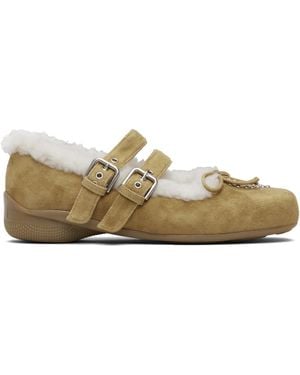 OPEN YY Tan Shearling Heart Stud Ballet Flats - Black