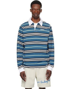 Burberry ネイビー＆オフホワイト ボーダー コットン 長袖 ポロシャツ - ブルー