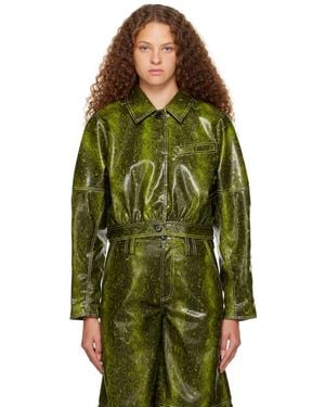 Ganni Cropped Faux Snake-effect Leather Jacket - Green