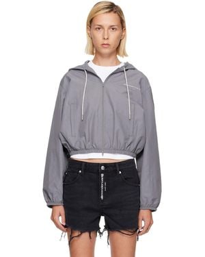 Alexander Wang Shrunken Hoodie Rhinestone Drawcord Jacket - Grey