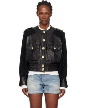 Balmain Tweed & Leather Bomber Jacket - Black