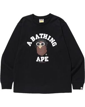 A Bathing Ape Wiz Khalifa Shark University Logo Long Sleeve T-Shirt 001Ltf731902X" - Black