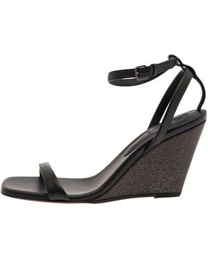 Brunello Cucinelli Leather Wedge Sandals Brun2441" - Black
