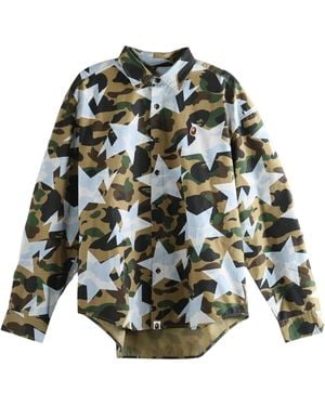 A Bathing Ape Sta Over Print 1St Camo Poplin Long-Sleeve Shirt 1M30131303 Grn" - Black