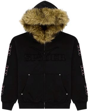 Sp5der Garibaldi Studded Logo Zip Up Hooded Sweatshirt 446" - Black