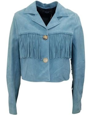Amiri Cropped Fringe Biker Jacket Y0W04281Su_Cob" - Blue