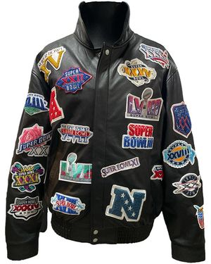 Jeff Hamilton Limited Edition History Of Super Bowl Collage Full Leather Jacket "Super Bowl" Nfl-001-Sb" - Black