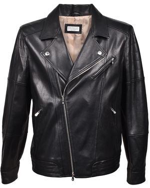 Brunello Cucinelli Biker Style Genuine Leather Jacket Brun961" - Black