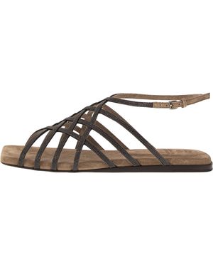 Brunello Cucinelli Leather Strappy Sandal Shoe "New Ice" Brun2542" - Black