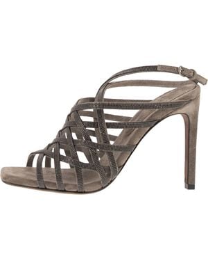 Brunello Cucinelli Suede Strappy High Heel Shoe "Oxide" Brun2567" - Black