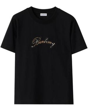 Burberry Check Cursive Logo Cotton T-Shirt 8120772" - Black