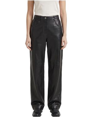 Brunello Cucinelli Leather Wide Trousers "Nero" Brun2099" - Black