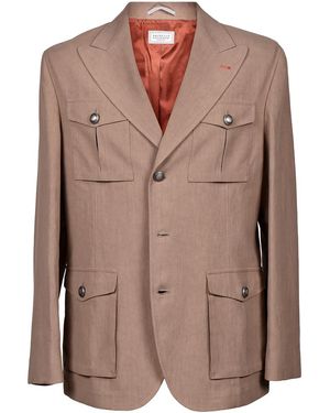 Brunello Cucinelli Linen Safari Jacket "Tobacco" Brun571" - Black