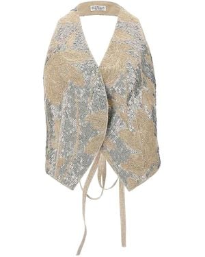Brunello Cucinelli Embroidered Linen Vest "Naturale" Brun1263" - Black