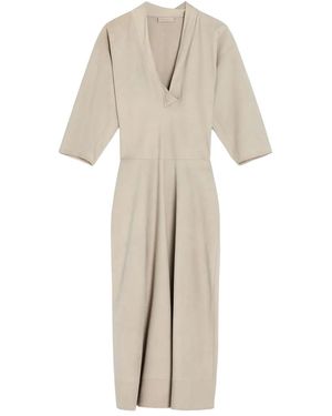 Lemaire Leather V Neck Dress "Light Stone" Dr1122 Ll0148 Bg277" - Black