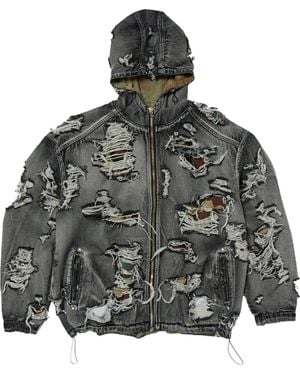 THUG CLUB Hell Denim Camo Zip-Up Hoodie Tc25Jk2302" - Black