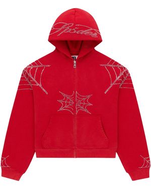 Sp5der Rhinestone Web Zip Hoodie 498" - Red