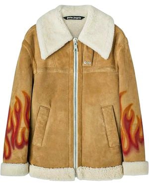 Palm Angels Burning Flames Sherling Trucker Jacket Pmja012F22Lea0011725" - Black