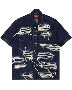 Who Decides War Distressed Denim Short Sleeve Shirt 2637 100000104Dws" - Blue