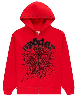 Sp5der Og Web Studded Zip Hoodie 204" - Red