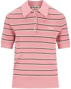 Miu Miu Striped Cotton Knit Polo Shirt Mmlb35 183M F0028" - Red