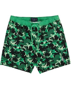 Psycho Bunny Rye All Over Print Swim Trunks Camo B6W913Y1Po Blk" - Green