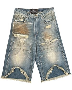 SEKRIT Studded Chopper Denim Short "Stained Vintage" Skrt018" - Blue