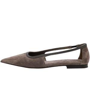 Brunello Cucinelli Suede Pointed-Toe Slingback Shoe "Oxide" Brun3028" - Black