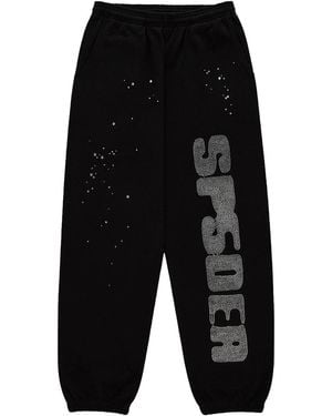Sp5der Rhinestone Silk Joggers 541" - Black