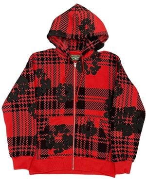 DENIM TEARS The Cotton Wreath Logo Zip Up Hooded Sweatshirt "Plaid - Red