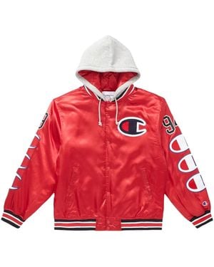 Supreme Champion Hooded Satin Varsity Jacket Su29036" - Red