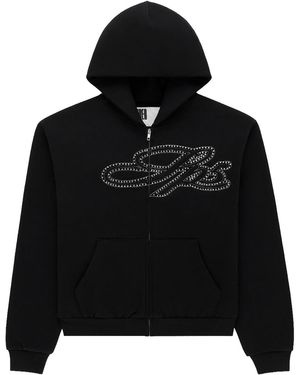 Sp5der Rhinestone Script Zip Hoodie 351" - Black
