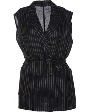 Brunello Cucinelli Pinstripe Sleeveless Jacket With Belt "Blu Argento" Brun1300" - Black