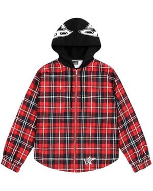 Sp5der Hooded Zip Flannel Shirt Jacket Plaid" 284" - Red