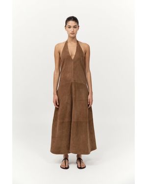 St. Agni Suede Halter Plunge Dress - Natural