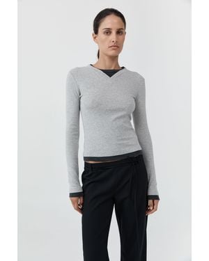 St. Agni Organic Cotton V Neck Long Sleeve Top - Grey