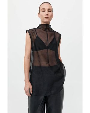St. Agni Sheer Silk Leather Trim Top - Black