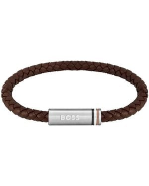 BOSS Ares Braided Leather Bracelet - Brown