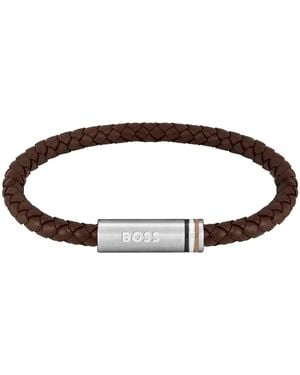 BOSS Ares Braided Leather Bracelet - Brown