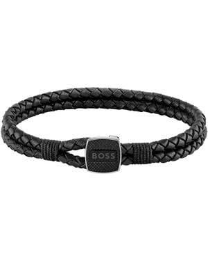 BOSS Seal Braided Leather Bracelet - Black