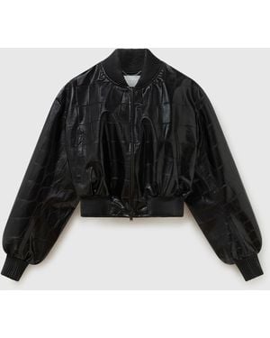 Stella McCartney Crocodile-Embossed Cropped Bomber Jacket - Black