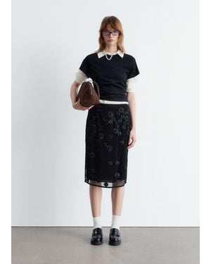 & Other Stories Floral-Appliqué Mesh Midi Skirt - Black